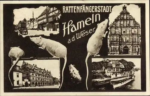Ak Hameln an der Weser Niedersachsen, Rattenfängerhaus, Ratten, Dampfer am Anleger
