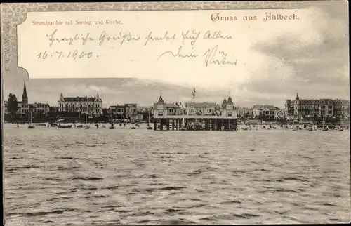 Ak Ostseebad Ahlbeck Heringsdorf auf Usedom, Strandpartie mit Seesteg und Kirche