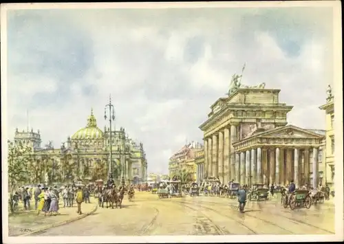 Künstler Ak Tritt, W., Berlin Mitte, Brandenburger Tor, Passanten, Aquarell