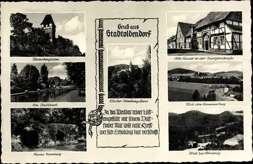 Ak Stadtoldendorf in Niedersachsen, Bürgertorstraße, Ruine Homburg, Försterbergturm, Stadtteich