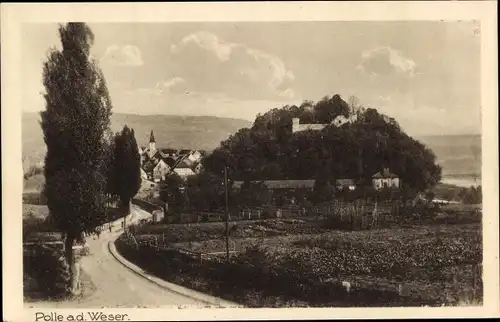 Ak Polle an der Weser, Gesamtansicht, Burgruine, Straßenpartie