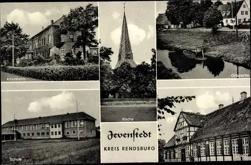 Ak Jevenstedt in Holstein, Kirche, Schule, Altersheim, Pastorat, Ortspartie