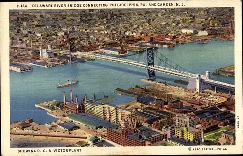 Ak Philadelphia Pennsylvania USA, Delaware River Bridge to Camden New Jersey, R.C.A. Victor Plant