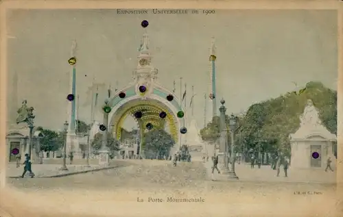 Glitzer Ak Paris, Exposition Universelle de 1900, La Porte Monumentale