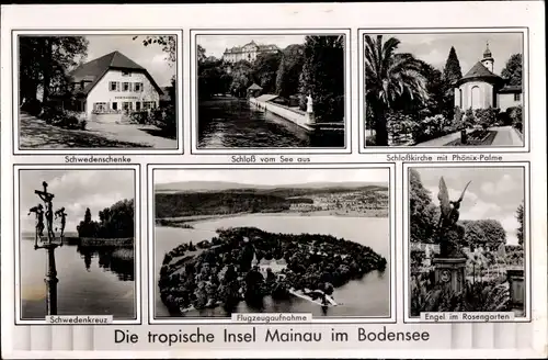 Ak Insel Mainau im Bodensee, Rosengarten mit Schlosskirche, Schwedenkreuz, Schwedenschänke