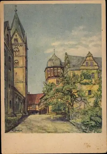 Künstler Ak Schewe, M., Quedlinburg im Harz, Schloss, Dom