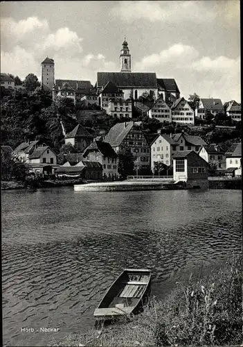 Ak Horb am Neckar, Teilansicht vom Fluss aus, Boot