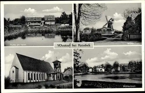 Ak Wentorf bei Hamburg, Teichpartie, Kirche, Windmühle