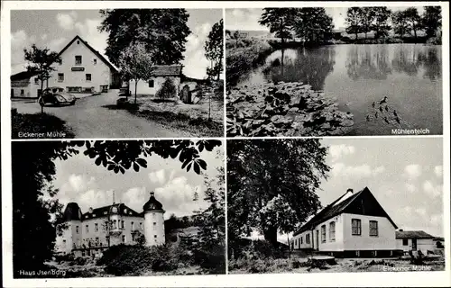 Ak Kierspe Sauerland, Gasthof Eickener Mühle, Haus Isenburg, Mühlenteich