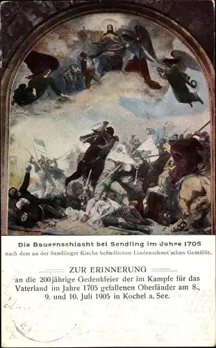 Künstler Ak Lindenschmitt, München Sendling, Bauernschlacht 1705, Oberländer, Gedenkfeier 1905