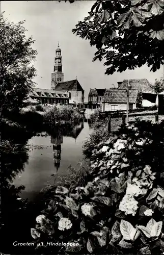 Ak Hindeloopen Hylpen Hindeloope Friesland Niederlande, Teilansicht des Ortes, Kirchturm