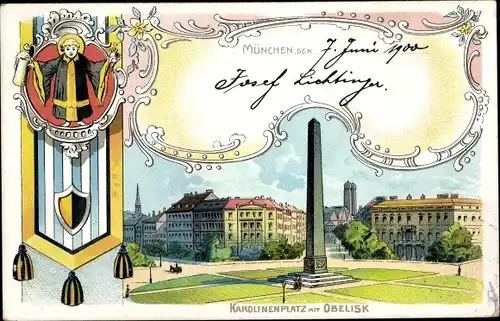 Wappen Litho München, Karolinenplatz, Obelisk, Münchner Kindl