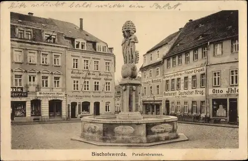 Ak Bischofswerda in Sachsen, Paradiesbrunnen, Restaurant Deutscher Krug, Geschäftshäuser