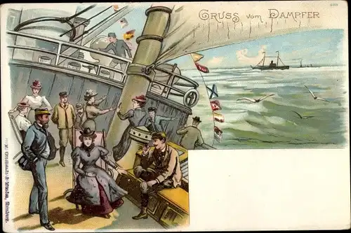Litho Gruß vom Dampfer, Passagiere an Deck