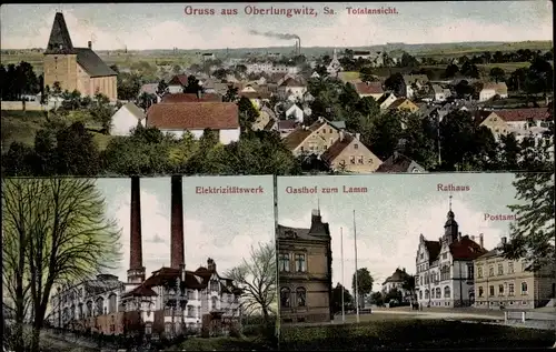 Ak Oberlungwitz in Sachsen, Panorama, Elektrizitätswerk, Gasthof zum Lamm, Rathaus, Post