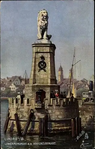 Künstler Ak Lindau in Bodensee Schwaben, Löwenmonument an der Hafeneinfahrt