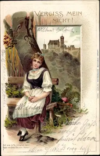 Präge Litho Thüringer Grüße, Frau auf einer Bank sitzend, Burg