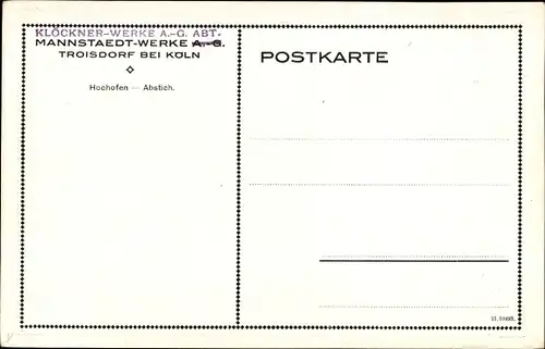 Künstler Ak Troisdorf Sieg, Mannstaedt Werke AG, Hochofen, Abstich