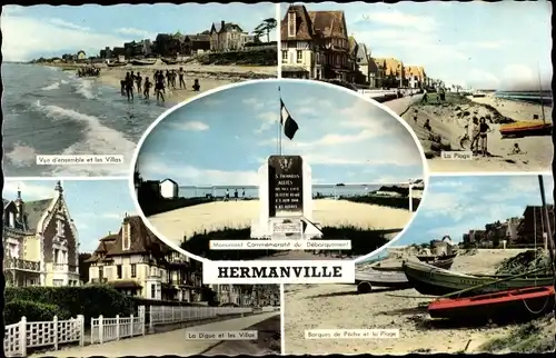 Ak Hermanville Calvados, La Digue, Les Villas, Monument, Barques de Peche, La Plage