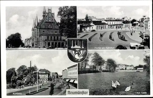 Ak Neumünster in Holstein, Teichpartie, Kuhberg, Rathaus, Bahnhof, Straßenseite