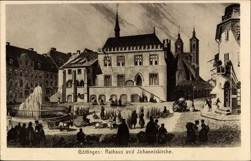 Künstler Ak Göttingen in Niedersachsen, Rathaus und Johanniskirche