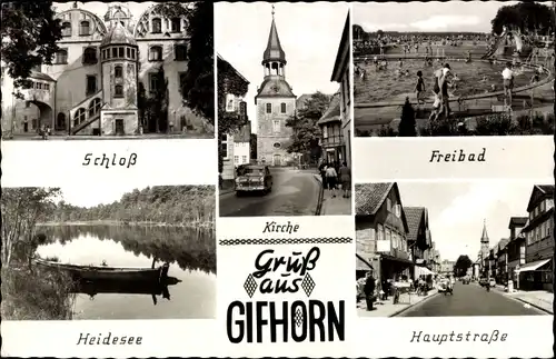 Ak Gifhorn in Niedersachsen, Hauptstraße, Freibad, Schloss, Heidesee