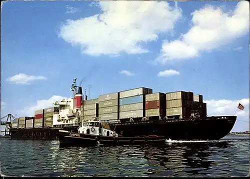 Ak Rotterdam Südholland Niederlande, Een van de vele containerschepen, Containerschiff, Schlepper