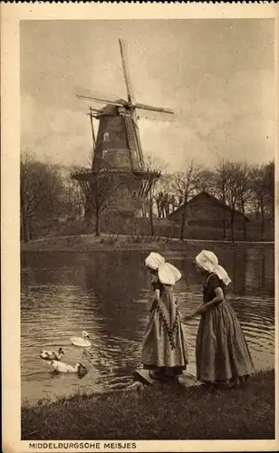 Ak Middelburg Zeeland Niederlande, Molen, Mädchen am Ufer, Enten