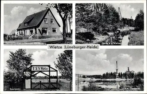 Ak Wietze in der Lüneburger Heide, Sportplatz, Ölschacht, Sportplatz, Gemischtwarengeschäft