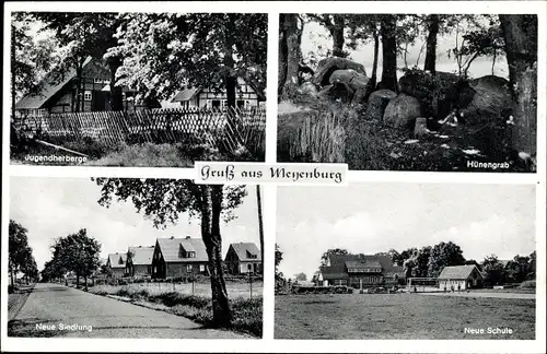 Ak Meyenburg Schwanewede Niedersachsen, Jugendherberge, Hünengrab, Neue Siedlung, Neue Schule