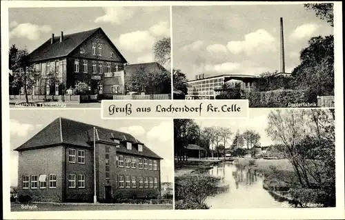 Ak Lachendorf in Niedersachsen, Gasthaus Tannenkrug, Papierfabrik, Schule, Lachtepartie