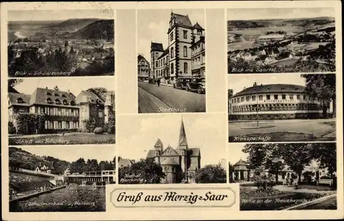 Ak Merzig an der Saar, Stadthaus, Kreissparkasse, Schloss von Fellenberg, Schwimmbad Heilborn