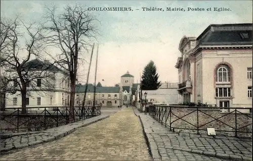 Ak Coulommiers Seine et Marne, Theatre, Mairie, Poste, Eglise