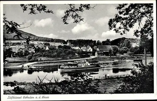 Ak Wehrden Beverungen Nordrhein Westfalen, Weserpartie, Panorama, Binnenschiff