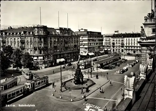 Ak Zürich Stadt Schweiz, Bahnhofplatz, Straßenbahnen