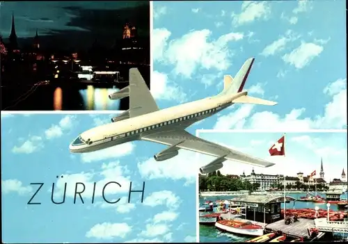 Ak Zürich Stadt Schweiz, Passagierflugzeug, Partie am Hafen