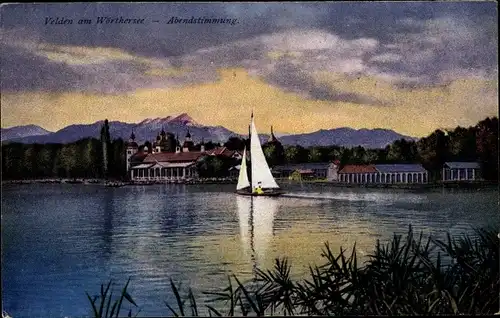 Ak Velden am Wörthersee in Kärnten, Abendstimmung, Segelboot