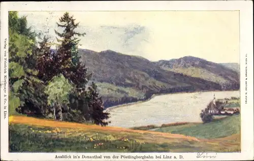 Künstler Ak Linz an der Donau Oberösterreich, Ausblick in das Donautal von der Pöstlingbergbahn