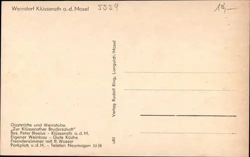 Ak Klüsserath an der Mosel, Fliegeraufnahme vom Ort, Gasthof