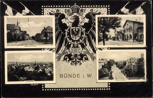 Wappen Ak Bünde in Westfalen, Bahnhof, Bismarckstraße, Panorama, Gartenstraße