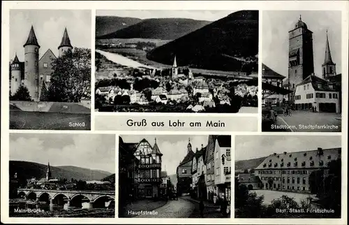 Ak Lohr am Main, Stadtturm, Pfarrkirche, Hauptstraße, Schloss, Mainbrücke