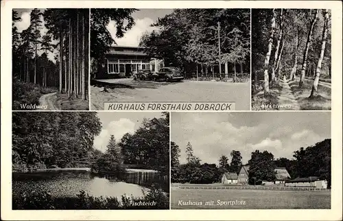 Ak Dobrock Wingst in Niedersachsen, Kurhaus Forsthaus, Sportplatz, Birkenweg, Fischteich, Waldweg