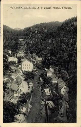 Ak Hřensko Herrnskretschen Elbe Reg. Aussig, Vogelschau auf den Ort