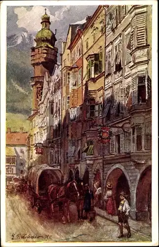 Künstler Ak Hofecker, E. F., Innsbruck in Tirol, Herzog Friedrich Straße, Kutsche