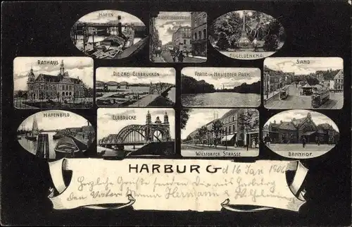 Ak Hamburg Harburg, Rathaus, Hafen, Elbbrücken, Sand, Bahnhof, Hafenbild