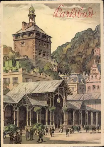 Künstler Ak Ritscher, Karlovy Vary Karlsbad Stadt, Kurpromenade, Wandelhalle, Turm