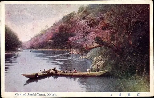 Ak Kyoto Präf. Kyoto Japan, View of Arashi Yama, Flusspartie, Boote, Kirschblüte