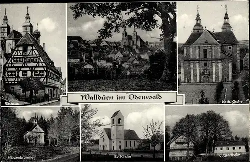 Ak Walldürn im Odenwald, Kirchen, Rathaus, Märzenbrünnlein, Jugendheim