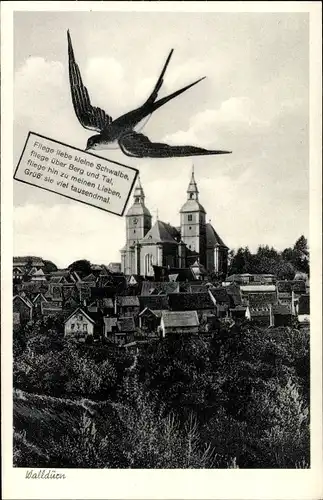 Ak Walldürn im Odenwald, Teilansicht, Blick zur Kirche, Schwalbe