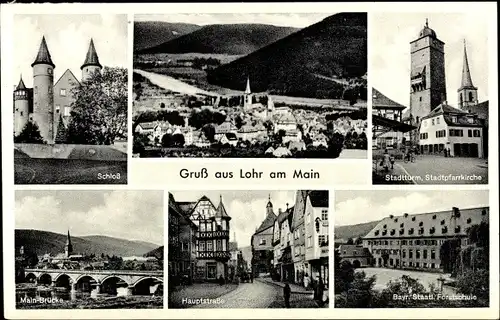 Ak Lohr am Main, Stadtturm, Pfarrkirche, Hauptstraße, Schloss, Mainbrücke